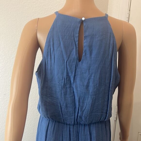 AUW Dress Sz Medium Blue Spaghetti Straps Sleeveless Crotchet Floral Summer Maxi - Picture 7 of 13